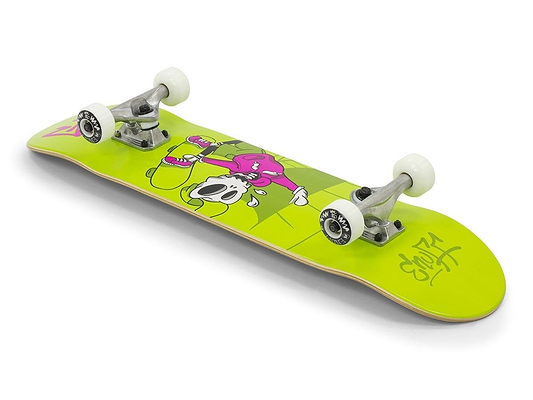 The Enuff Skully Green Mini Complete Skateboard - 7.25" x 29.5" features a vibrant green deck adorned with a cartoon character in a pink outfit and cap. Equipped with premium components including silver trucks and white wheels, this entry-level skateboard from Enuff offers both style and durability for beginners.