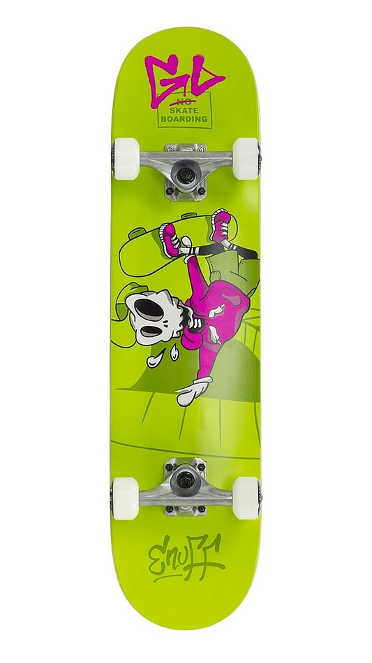 The Enuff Skully Green Complete Skateboard - 7.75" x 31.5" by Enuff showcases a lively green 7-ply maple deck decorated with a cartoon graphic of an upside-down skateboarding dog in a pink outfit. Ideal for beginners, it features white wheels and trucks, along with the "SKATEBOARDING" inscription at the top.