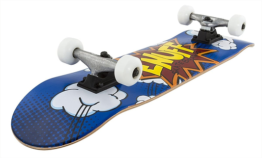 The Enuff POW Blue Complete Skateboard, measuring 7.75" x 31.5", is ideal for entry-level riders. It features a 7-ply maple deck with a blue comic-style design that includes clouds and boldly displays "ENUFF" in vibrant yellow and orange text. This skateboard is equipped with white wheels and the reliable Enuff Decade trucks, offering both style and dependability for any ride.