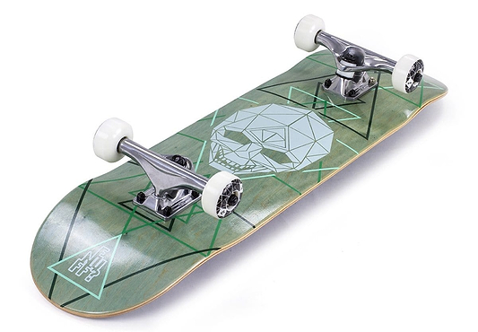 The Enuff Geo Skull Green Complete Skateboard - 8" x 32" showcases a 7-ply maple deck with a captivating geometric skull design. It is equipped with Enuff Decade 139mm trucks, white wheels, and features a distinctive green and wood-toned finish enhanced by triangular patterns for an exceptional riding experience.