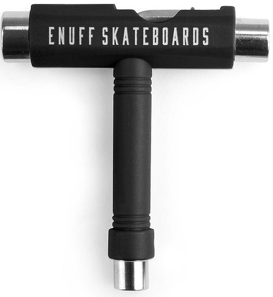 The Enuff Essential Skateboard Multi T-Tool in black, featuring the "ENUFF" logo, is designed with multiple sockets and a convenient T-shape to simplify skateboard hardware adjustments.