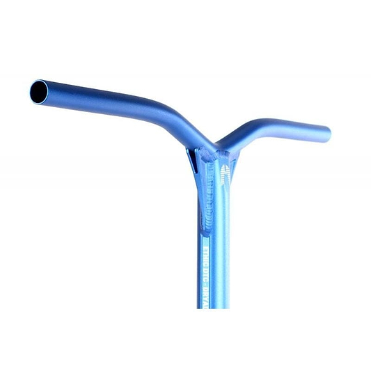 A close-up of the top section of a blue scooter handlebar with a smooth, curved design features the Ethic DTC Dryade 67 Aluminium ICS/IHC Stunt Scooter Bars. These lightweight bars, measuring 670mm x 580mm, are positioned against a plain white background, highlighting their sleek and simple construction.