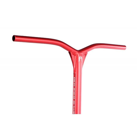 The Ethic DTC Dryade 67 Aluminium ICS/IHC Stunt Scooter Bars in red feature a sleek, curved design against a white backdrop. These lightweight bars boast a T-shaped construction with a slightly raised central bar, making them perfectly compatible with an ICS-10 compression system.
