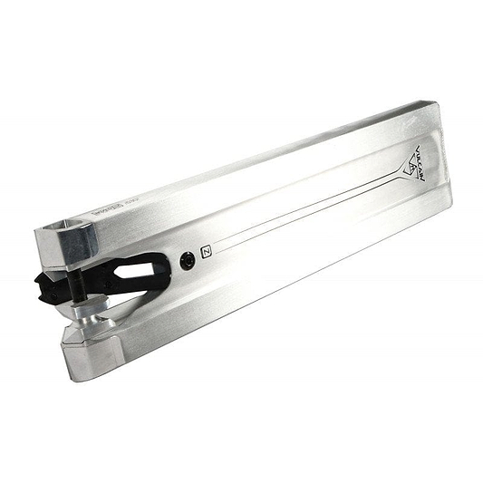 The Ethic DTC Vulcain Boxed 12 STD Raw Silver Stunt Scooter Deck, measuring 5.1" x 22", boasts a sleek, silver metal design with a long and narrow body featuring engraved lines along with the Ethic logo. It includes a black component at one end and is crafted for optimal performance, displayed against a simple white background.