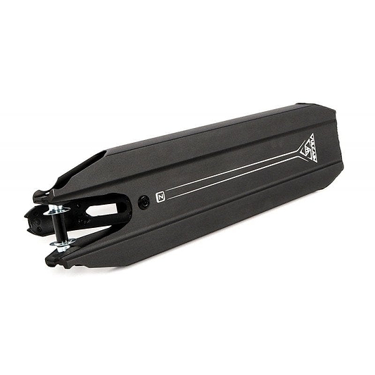 A black bicycle fender with a sleek, angular design reminiscent of the Ethic DTC Vulcain, featuring a white line and a small logo on the side. Made from durable materials perfect for mountain bikes, it reflects the precision found in Ethic's stunt scooter decks, like the 12 STD Variant against a white backdrop.
