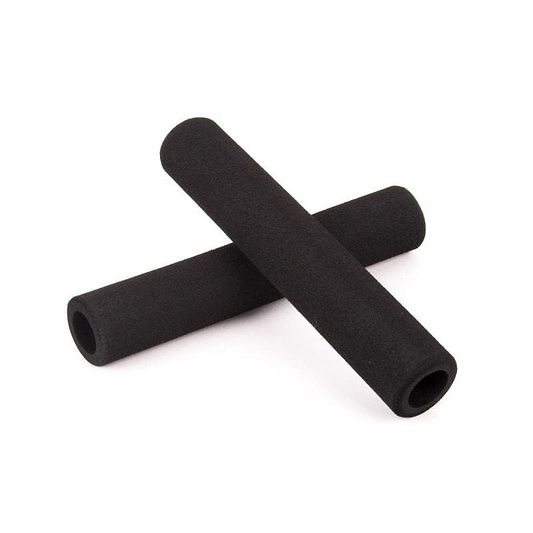 Two Ethic DTC Foam Black Stunt Scooter Grips - 170mm are crossed against a white background. These cylindrical grips have a smooth, soft texture that offers excellent grip for scooter enthusiasts.