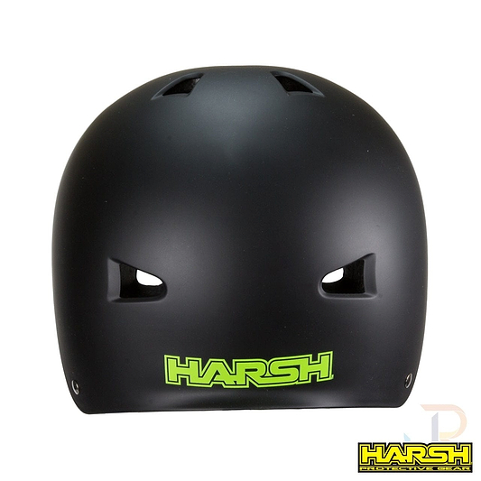 Introducing the Harsh ABS Skate/Scooter Helmet in matte black, featuring green "Harsh" branding on the front. Designed specifically for scooter riding, this helmet includes ventilation holes and is equipped with high-impact absorbing technology to ensure enhanced safety.