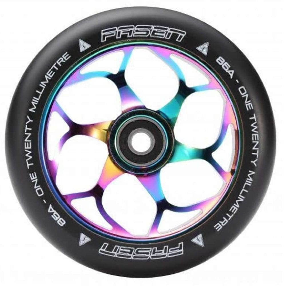 Introducing the Fasen 6 Spoke 120mm Stunt Scooter Wheel in Neochrome, featuring a vibrant aluminium rainbow metallic core encased in a sleek black tire. The words "Fasen" and "86A - One Twenty Millimetre" are elegantly printed in white to enhance its aesthetic. This wheel is equipped with ABEC 9 bearings for optimal performance.