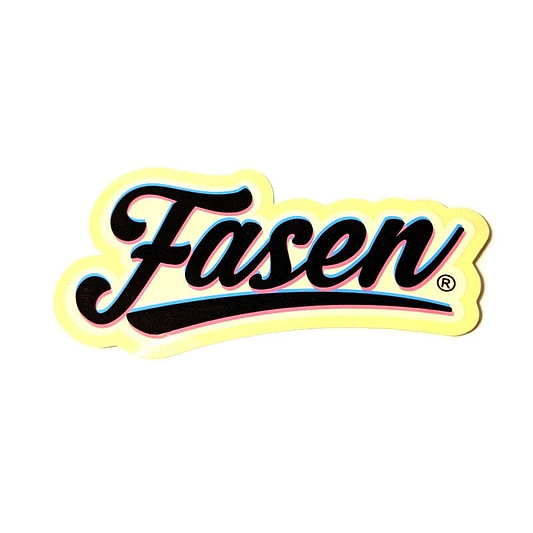 The image showcases the word "Fasen" in stylized black script with a bold shadow and yellow outline, similar to the Fasen 3D Logo Sticker - Black. The script includes a dynamic, sweeping underline, making it an ideal accessory for any Fasen enthusiast.