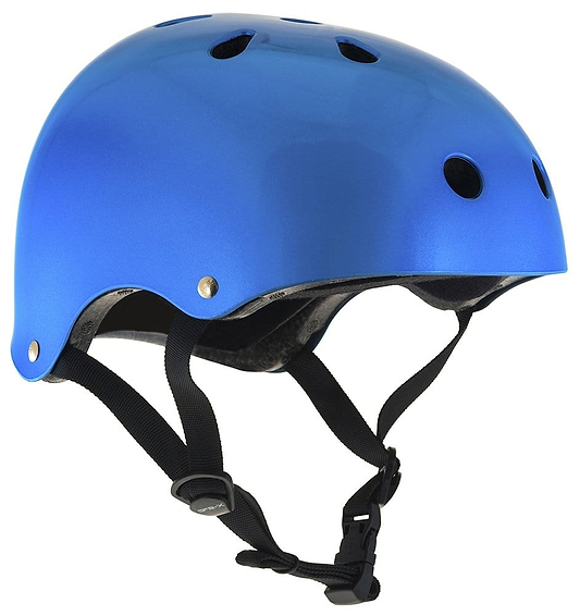 The SFR Essentials Skate / Scooter Helmet in Matt Blue is highlighted. This helmet, crafted from high-impact ABS, includes black adjustable straps and a buckle for secure fitting, making it perfect for both cycling and skating adventures.