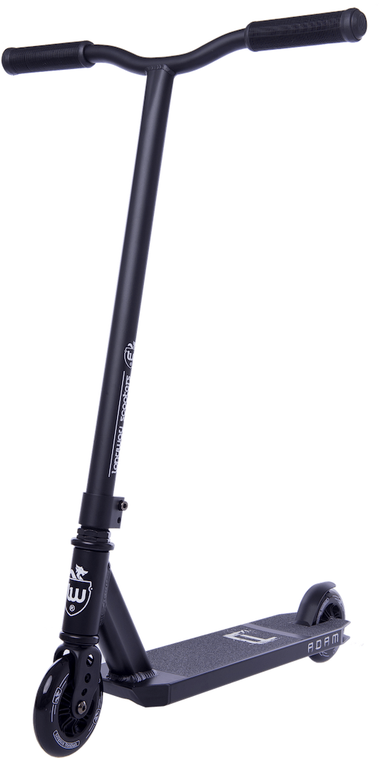 The Longway Adam Complete Stunt Scooter - Black by Longway is a black trick scooter equipped with a T-bar handle, a textured deck, and small wheels. Its sleek design is complemented by minimal decals, making this lightweight scooter perfect for stunts and freestyle riding. It is an ideal choice for beginners.