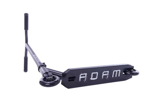The Longway Adam Complete Stunt Scooter - Black, designed with beginners in mind, is equipped with handlebar grips and a deck prominently displaying the name "Adam." This lightweight scooter features wheels at both ends of the deck and is displayed on a simple white background.