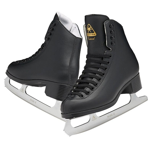 The Jackson Mystique 1592 Figure Ice Skates - Black, from the Jackson brand, feature a comfortable design highlighted by black styling and chrome steel blades. Their intricate lacing and modest heel are beautifully set against a white backdrop.