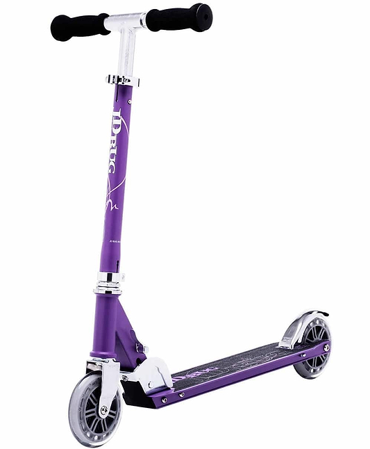 The JD Bug Classic Street 120 Kids Foldable Kick Scooter in matt purple offers a sleek, lightweight design with adjustable T-shaped handlebars featuring black grips, sturdy frame, and silver wheels. It also showcases a stylish graphic on the deck for added flair.