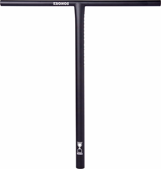Introducing the Longway Kronos Titanium Oversized HIC Stunt Scooter T-Bars in black, measuring 650mm by 610mm. These handlebars feature the Longway brand name prominently at the top and are adorned with an hourglass logo near the base. Designed to be lightweight yet robust, these custom scooter handlebars elegantly blend minimalist aesthetics with exceptional strength.