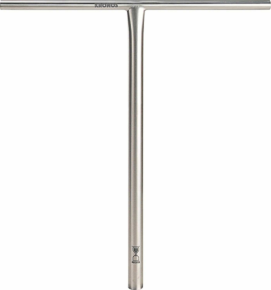 The Longway Kronos Titanium Oversized HIC Stunt Scooter T-Bars, measuring 700mm x 610mm, feature a sleek raw metallic appearance ideal for enthusiasts in search of lightweight handlebars. The brand logo is prominently displayed on the lower section of the vertical bar, adding a stylish flair to this essential custom scooter component.