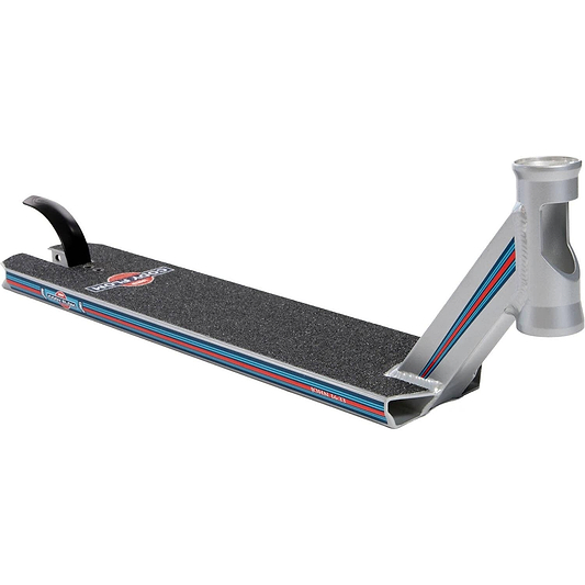 This Lucky Cody Flom Signature V3 Stunt Scooter Deck, measuring 4.8" x 20.5", is perfect for scootering enthusiasts. It features a sleek silver design with black grip tape and striking red and blue side stripes. The neck is angled upward and includes a visible rear brake, making it ideal for riding and performing tricks.