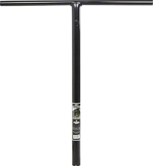 The Lucky ProBar Steel Oversized SCS Stunt Scooter T-Bars in black feature a cylindrical center with a horizontal top piece. A label near the joint provides product information, making it ideal for SCS setups. These bars measure 660mm x 660mm.