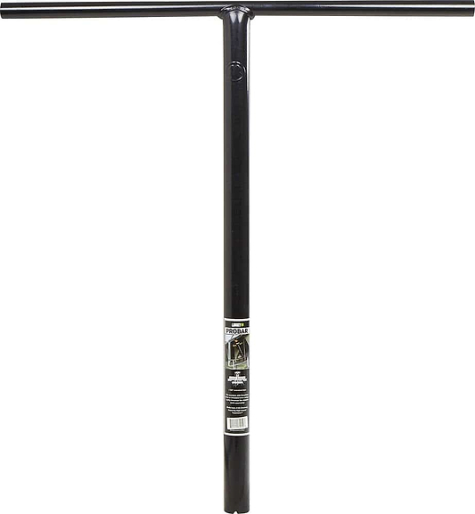 The Lucky ProBar Steel Oversized SCS Stunt Scooter T-Bars in black feature a cylindrical center with a horizontal top piece. A label near the joint provides product information, making it ideal for SCS setups. These bars measure 660mm x 660mm.