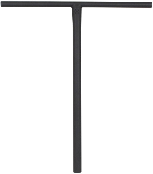 The Native Stem Steel Standard SCS Stunt Scooter Bars in black, measuring 635mm by 560mm, are crafted from heat-treated Chromoly. They feature a streamlined design with a long vertical bar and a shorter crossbar at the top, ideal for street riders seeking a minimalist aesthetic with no grips or additional detailing.