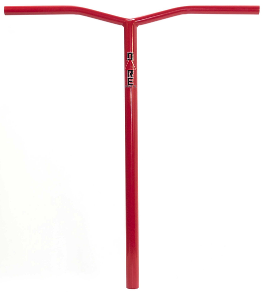 The Dare Wing Steel Standard SCS Stunt Scooter Bars in red feature a T-shaped design made from durable chromoly steel. The central stem extends upward, branching into two horizontal grips perfect for SCS clamp compatibility. The brand name "DARE" is prominently displayed on the stem against a white background. Dimensions: 685mm x 610mm.