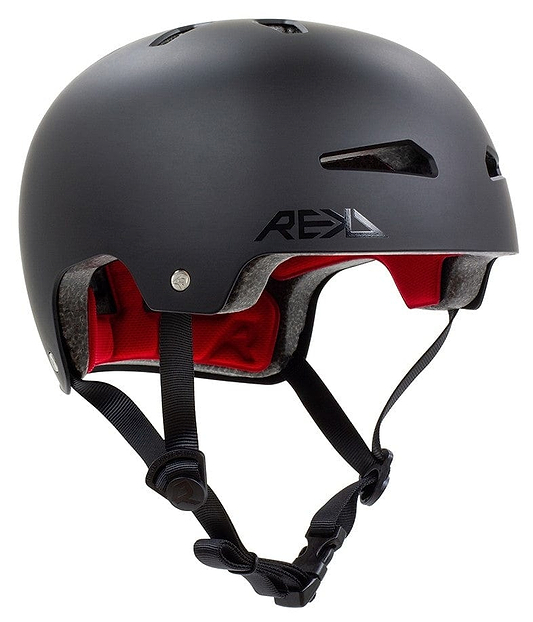 Introducing the REKD Elite 2.0 Skate / Scooter Helmet in sleek black—a matte-finished action sports helmet equipped with ventilation slits and a bold red interior lining. It features an adjustable chin strap with buckles and proudly displays the REKD logo on the side, distinguishing it as one of the finest certified helmets on the market.
