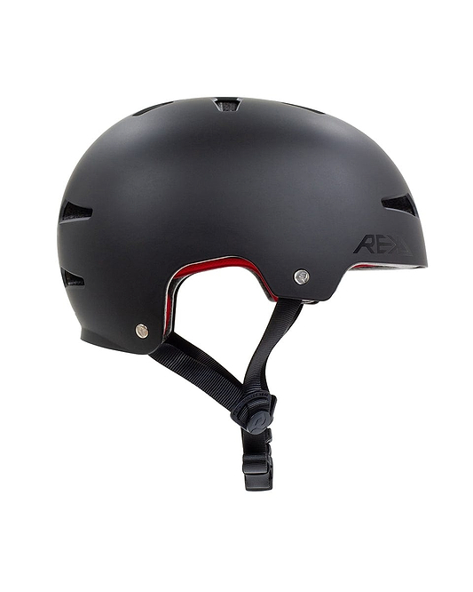 Introducing the REKD Elite 2.0 Skate / Scooter Helmet in Black, featuring a matte finish and smooth, rounded design. This certified helmet offers ventilation slits, a red inner lining, and an adjustable black chin strap with a buckle, ideal for action sports enthusiasts who prioritize both style and safety.