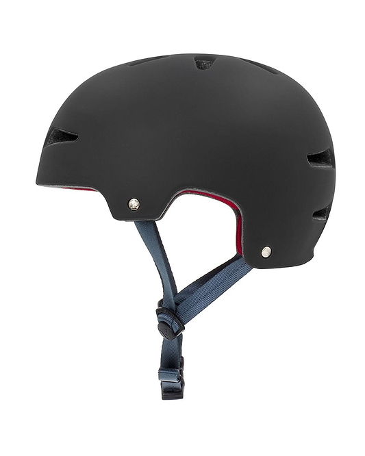 Introducing the REKD Ultralite In-Mold Skate / Scooter Helmet: a sleek black helmet by REKD, tailored for action sports. It features a smooth matte finish and ventilation slots, complemented by a blue adjustable chin strap with a plastic buckle and metal rivets for secure attachments, all presented against a crisp white background.