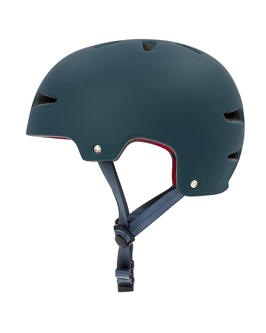 The REKD Ultralite In-Mold Skate / Scooter Helmet, ideal for action sports lovers, features a matte dark green finish with ventilation slots and a blue adjustable strap, all displayed in a side profile view.
