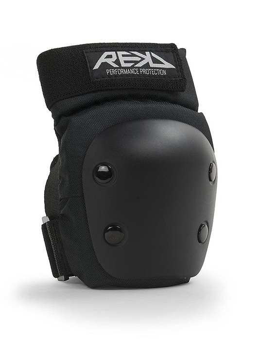 The REKD Junior Heavy Duty Triple Skate Protection Pad Set in black features knee pads with a hard protective shell and adjustable straps, making it ideal for extreme sports protection. The fabric prominently displays the "REKD" brand name, ensuring quality and safety.