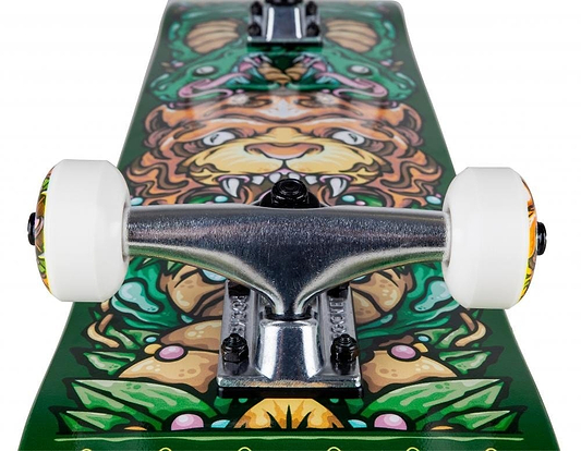 Close-up of the Rocket Wild Pile-Up Green Complete Skateboard, crafted from 7-ply hardrock maple. It features a colorful, intricate lion design with green and brown accents. Perfect for beginner skaters, the silver trucks and white wheels beautifully complement the vibrant artwork on this durable 7.5" x 31" skateboard by Rocket.