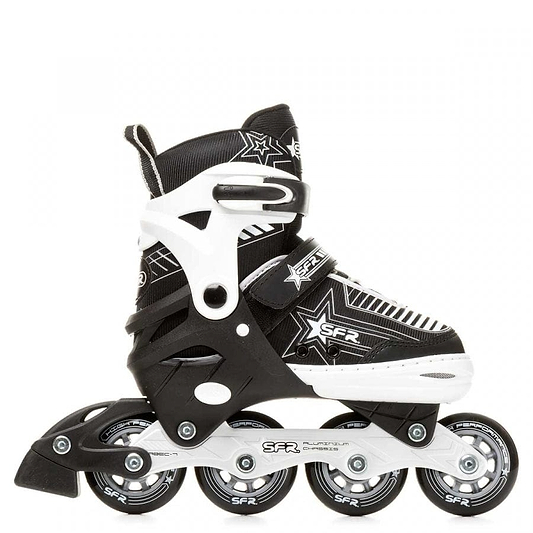 The SFR Pulsar Adjustable Inline Skates in silver are ideal for beginner skaters, offering adjustable straps for a secure fit. These skates, designed with four wheels and adorned with a starry motif, prominently feature the "SFR" brand on the boot.
