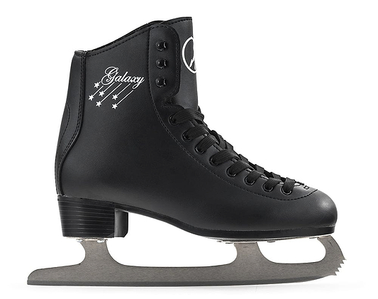 The SFR Galaxy 2 Figure Ice Skates - Black feature a stylish black design with a high ankle and lace-up style, embellished with star motifs and the word "Galaxy." They come equipped with an ergonomic heel design and a silver high carbon stainless steel figure blade for top-notch performance.
