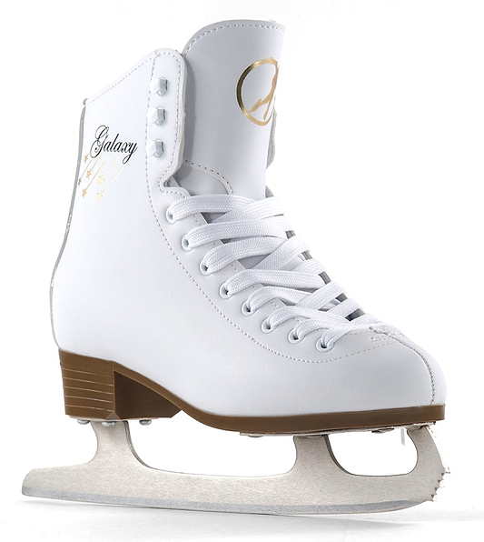 The SFR Galaxy 2 Figure Ice Skates - White features a classic figure design with laces, complemented by a brown sole and a high carbon stainless steel blade. Adorned with "Galaxy" and gold star designs on the side, these skates showcase an ergonomic heel design against their white background, highlighting their sleek elegance.
