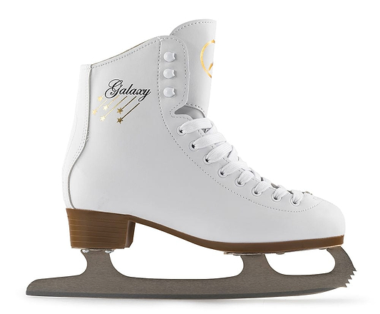 Introducing the SFR Galaxy 2 Figure Ice Skates in White: a figure skating boot embellished with gold stars and "Galaxy." It boasts an ergonomic heel design and a sharp high carbon stainless steel blade, providing both style and performance with every glide.