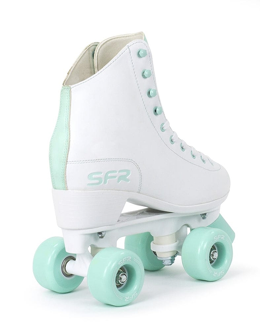 The SFR Figure Quad Roller Skates in white and green boast a high-top design, perfect for beginner skaters. With polyurethane wheels and "SFR" branding on the heel, they present a classic appearance complemented by a row of eyelets for lacing.