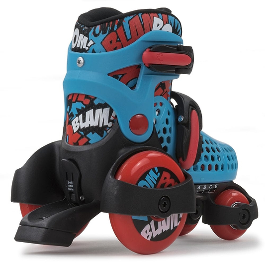 Introducing the SFR Stomper Adjustable Quad Roller Skates in blue, featuring a lively comic-style design with "BLAM!" text. These colorful skates boast red accents and wheels, complete with a size-adjuster system to grow alongside your child.