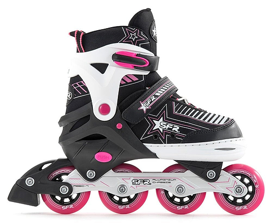 The SFR Pulsar Adjustable Inline Skates in Pink are ideal for beginner skaters. These black and white skates are accented with pink details and feature star designs. They come with adjustable straps for a snug fit and offer high ankle support to ensure stability. The wheels are aligned in a single row beneath a robust frame.