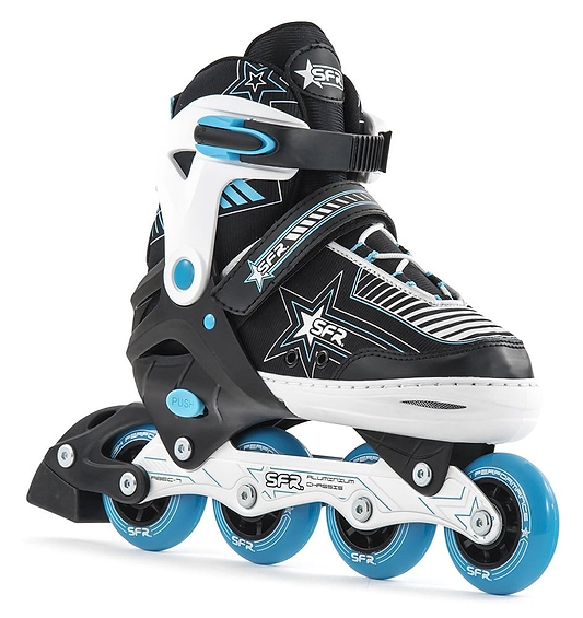 The SFR Pulsar Adjustable Inline Skates in black and turquoise offer a sleek, modern design with a star motif, making them ideal for beginner skaters. With the SFR logo prominently displayed, these skates feature four wheels and adjustable straps to ensure both comfort and performance.