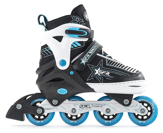 The SFR Pulsar Adjustable Inline Skates – Blue are ideal for beginner skaters, featuring a sleek black and white design with blue accents and four coordinated wheels. The boot is adorned with star patterns alongside the SFR branding. It includes a robust, adjustable frame equipped with a convenient "Push" button for effortless resizing.