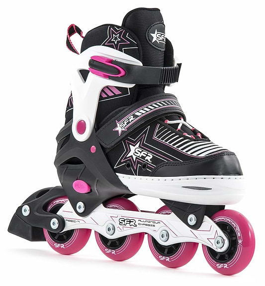The SFR Pulsar Adjustable Inline Skates - Pink are designed for beginner skaters and feature black and white boots with pink accents, complemented by four pink wheels. The boots have star designs and an adjustable strap system for a secure fit, proudly displaying the SFR brand on both the boot and wheels.