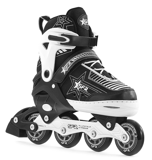 The SFR Pulsar Adjustable Inline Skates in silver feature a black and white design with four wheels, showcasing a star pattern and the "SFR" logo on both the boot and frame. Perfect for beginner skaters, they offer high ankle support along with straps and laces for secure fastening.