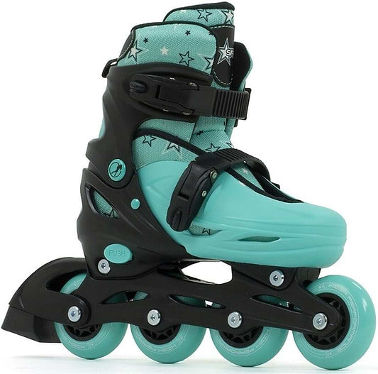 The SFR Plasma Adjustable Inline Skates are ideal for beginner skaters, showcasing a black and green design with adjustable straps. The vibrant green wheels complement the sturdy boot, offering both style and support as you glide.