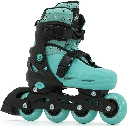 The SFR Plasma Adjustable Inline Skates are ideal for beginner skaters, showcasing a black and green design with adjustable straps. The vibrant green wheels complement the sturdy boot, offering both style and support as you glide.