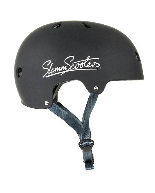 The Slamm Logo Skate / Scooter Helmet in black is a stylish safety helmet tailored for scooter riders, displaying the "Slamm Scooters" logo on the side. It includes ventilation holes and adjustable straps, ensuring it meets EN1078 safety standards for excellent protection.