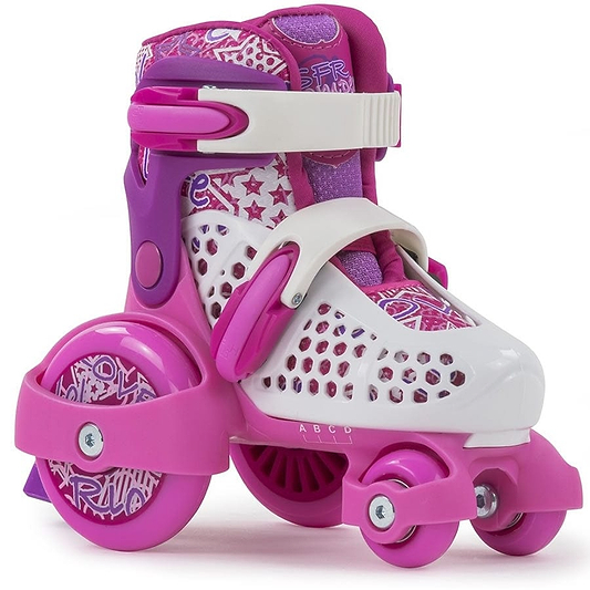 Introducing the SFR Stomper Adjustable Quad Roller Skates in Pink by SFR, these skates showcase a vibrant pink and purple design complemented by a white plastic frame adorned with star and swirl patterns. They feature an advanced size-adjuster system and are equipped with two large front wheels alongside two smaller rear wheels. For added security and comfort, they include secure buckles and padded ankle support, ensuring optimal stability for any skater.