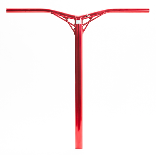 The vibrant red Logic Axis V2 Aluminium Oversized IHC Stunt Scooter Bars showcase a bold T-shape design with intricate cut-outs near the center junction. Made from aluminium, these lightweight yet strong bars stand out against a plain white background, measuring 610mm by 610mm.