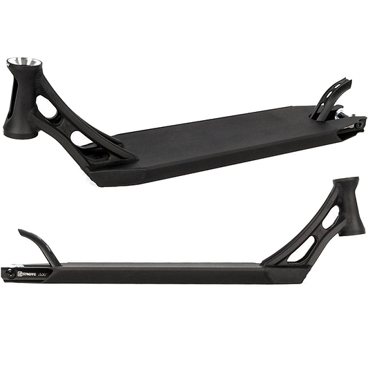 The Ethic DTC Vulcain 12 STD Black Stunt Scooter Deck, measuring 5.1" x 22", includes a 12 STD bearing system and features cutout designs with a rear brake. The image highlights two perspectives, showcasing the deck's sleek and minimalist design.