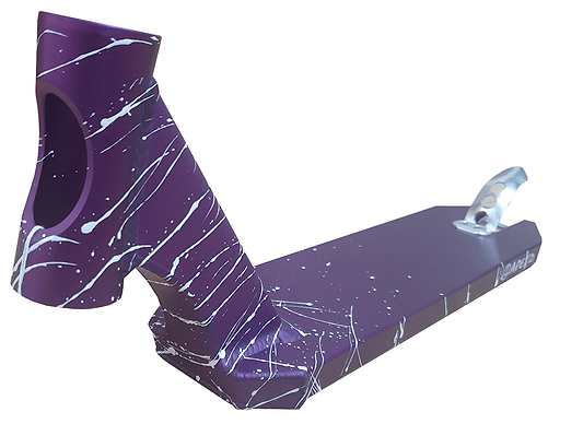 A detailed view of the Apex Pro Splatter Purple/White Stunt Scooter Deck, measuring 4.5" x 17.5", showcases white paint splatters on a purple background. This sturdy deck from the renowned Apex brand features a cutout design near its base and includes a metallic rear brake, constructed from durable 6082 aluminum for long-lasting performance.