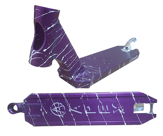 The Apex Pro Splatter Purple/White Stunt Scooter Deck, measuring 4.5" x 17.5", is constructed from robust 6082 aluminium and features an eye-catching white splatter design. One angle accentuates its angular neck, while the underside is adorned with white symbols and the Apex branding logo.